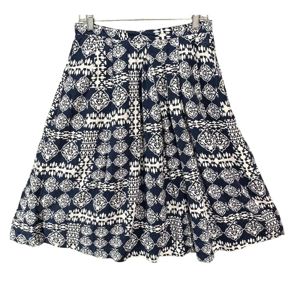 Ganesh Skirt Womens US 4-6 Blue White Linen Aztec Geo Pleated Boho‎ Indie Chic